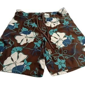VTG Duck Head Mens L Blue Brown Hawaiian Floral Swim Trunks Board Shorts Mesh...